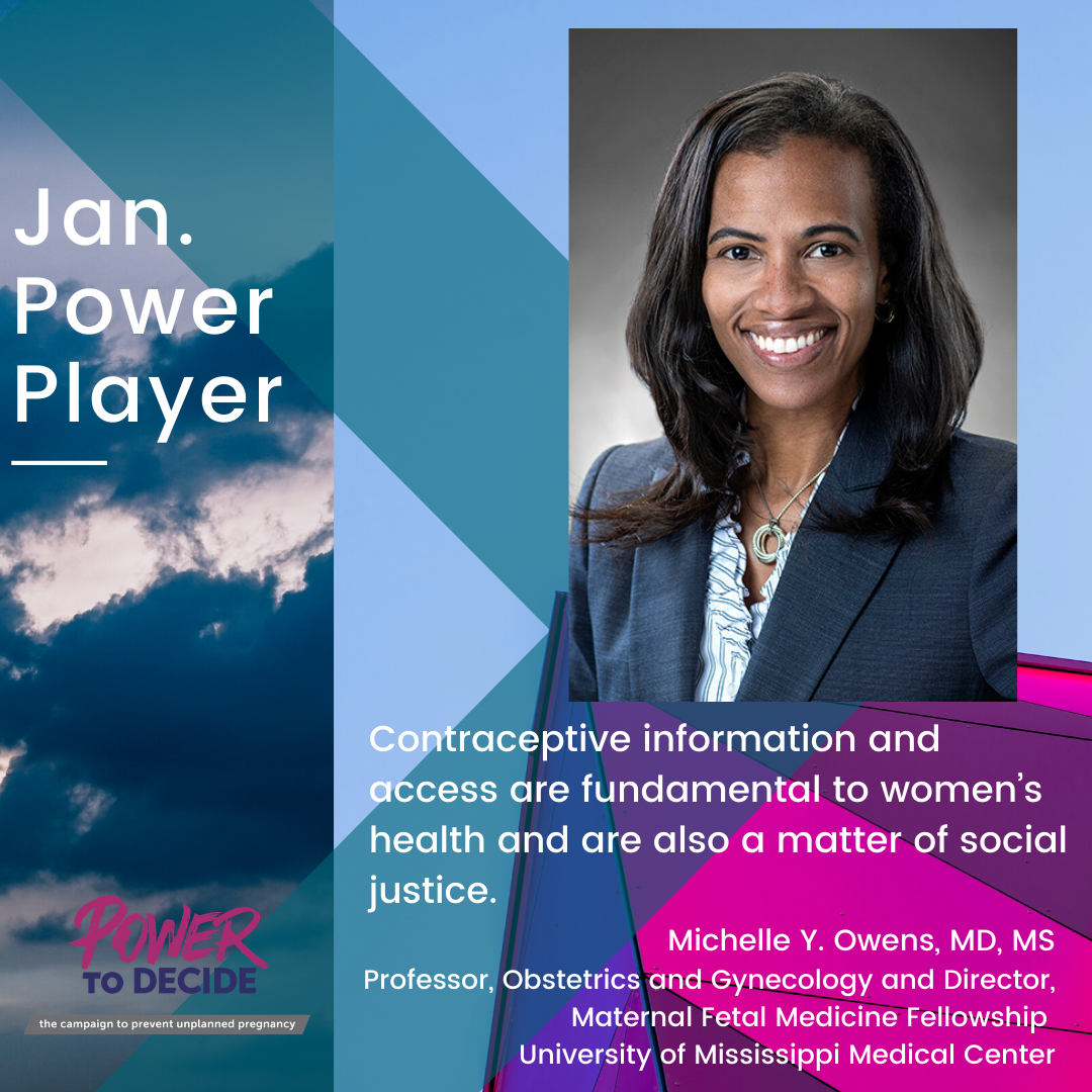 Head shot of Owens and a quote, "Contraceptive information and access are fundamental to women’s health and are also a matter of social justice."