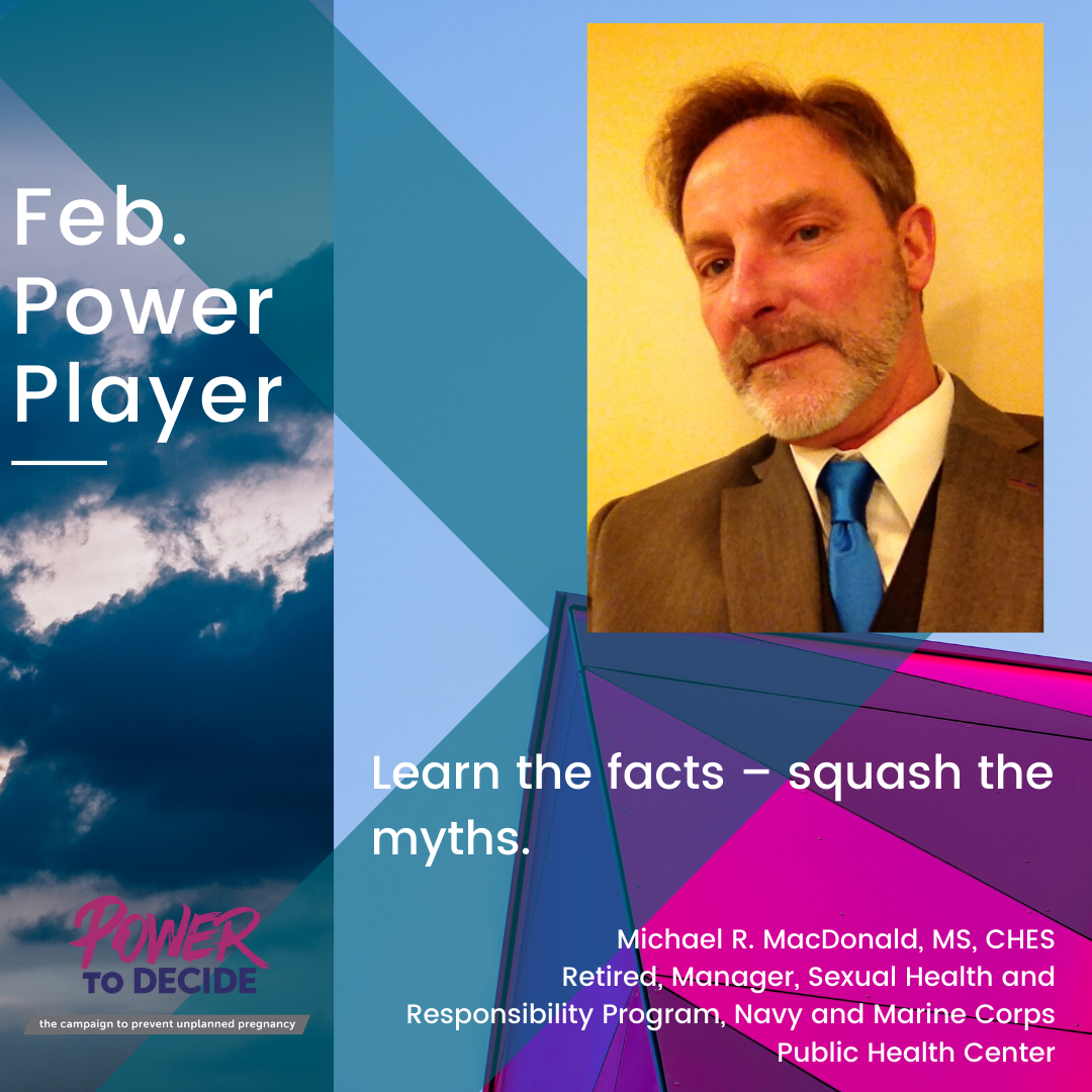 Head shot of Macdonald and a quote, "Learn the facts – squash the myths."