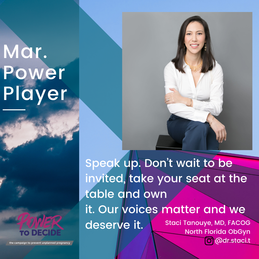 Head shot of Tanouye and a quote, "Speak up. Don’t wait to be invited, take your seat at the table and own it. Our voices matter and we deserve it."