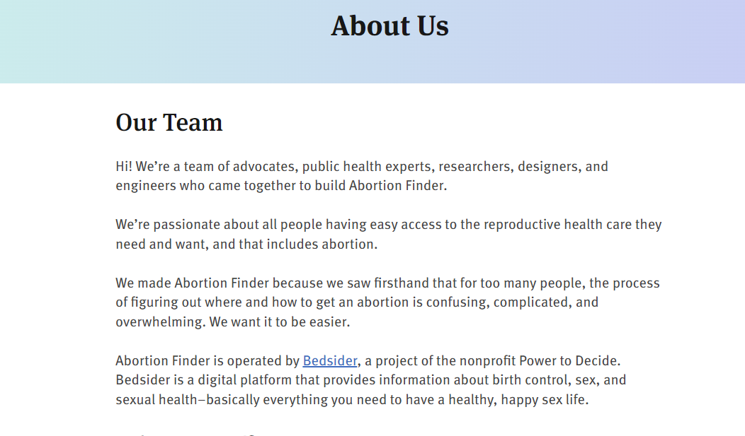 A screenshot of the About Us page on AbortionFinder.org.