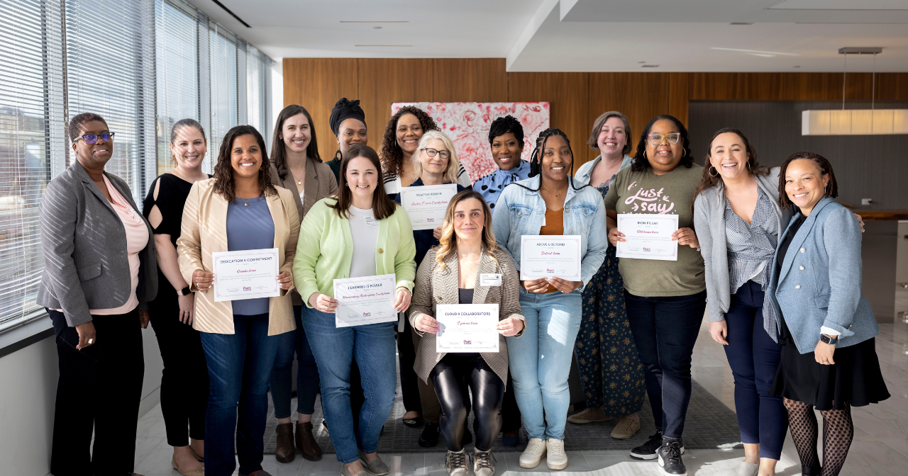 Our first round of shared learning collaborative teams pose for a group photo at an in person meeting. 