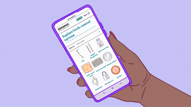 A hand holds a phone with the Bedsider Method Explorer showing on the screen.