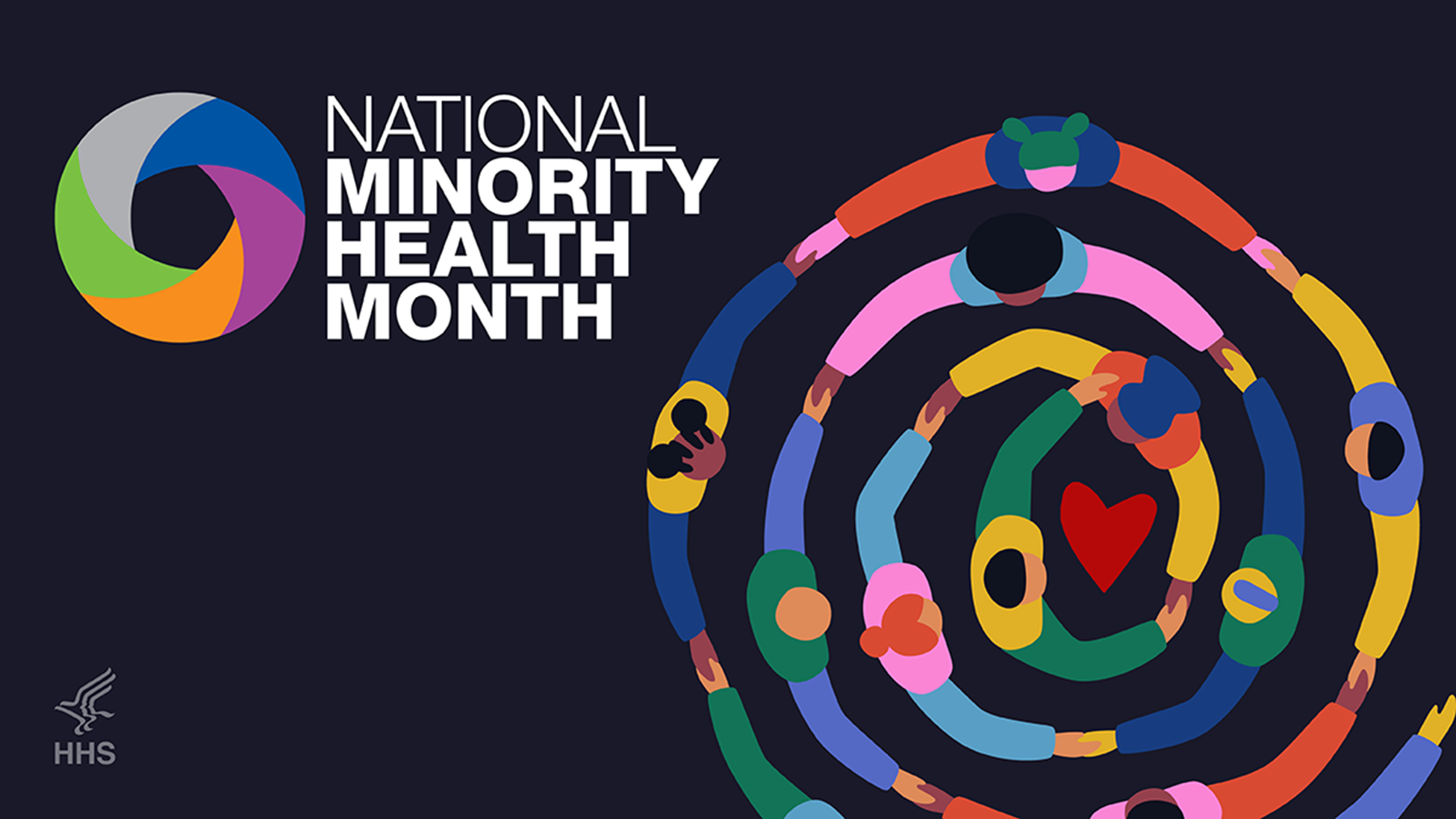 A colorful circle made of people holding hands with each other with a heart at the center. Text in one corner read, "National Minority Health Month"