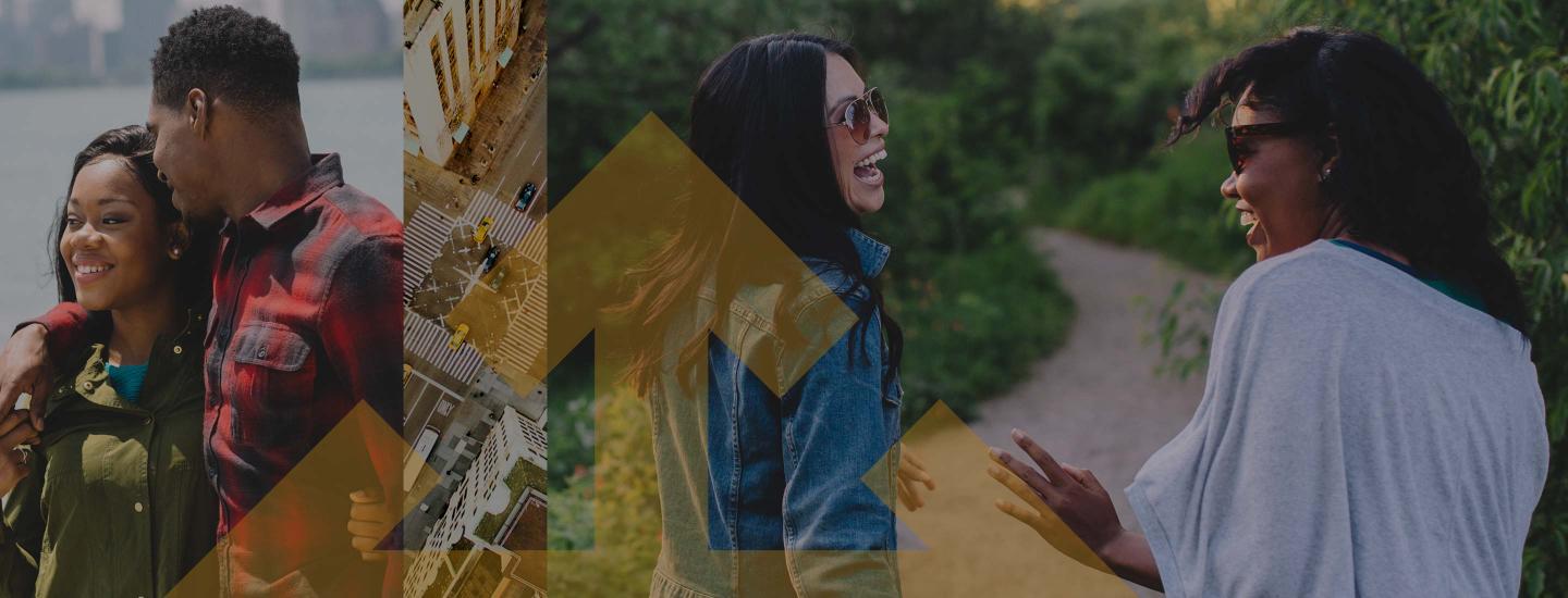 A couple goes for a walk by the water while two female friends walk down a path