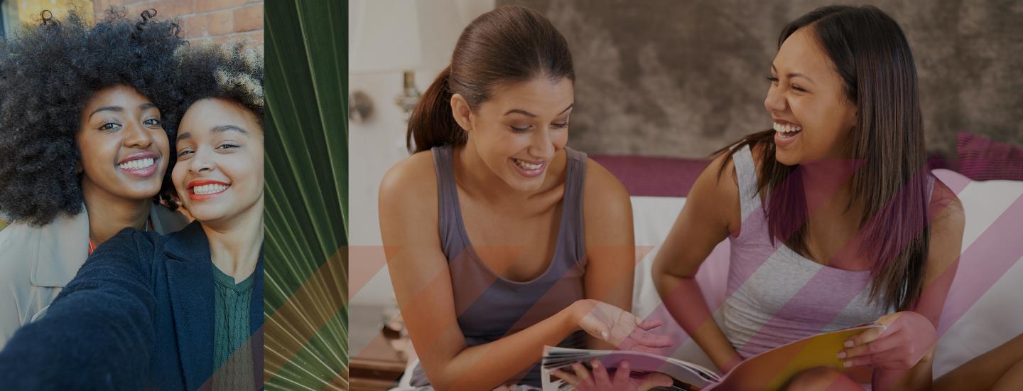 two friends take a selfie and two friends laugh while looking at a magazine
