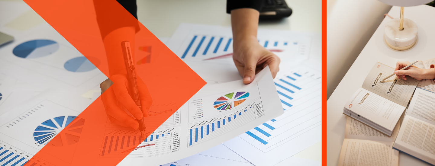 An image of two hands holding papers with bar and pie graphs next to a photo of a hand highlighting a book. 