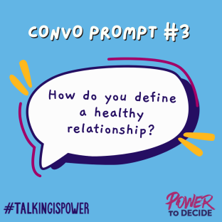 A speech bubble that asks, "How do you define a healthy relationship?"
