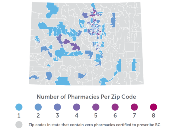 A map of Colorado showing the density of birth control prescribing pharmacies by zip code. 