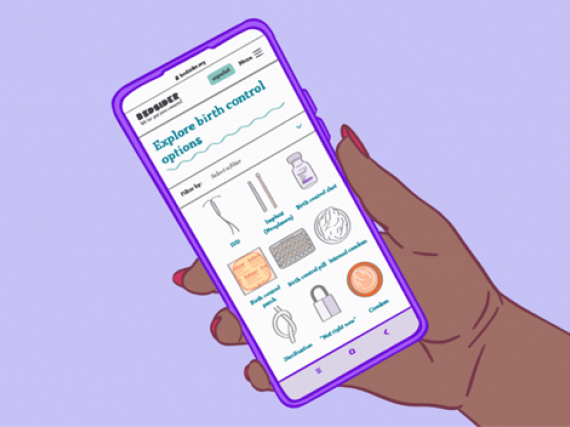 A hand holds a phone with the Bedsider Method Explorer showing on the screen.