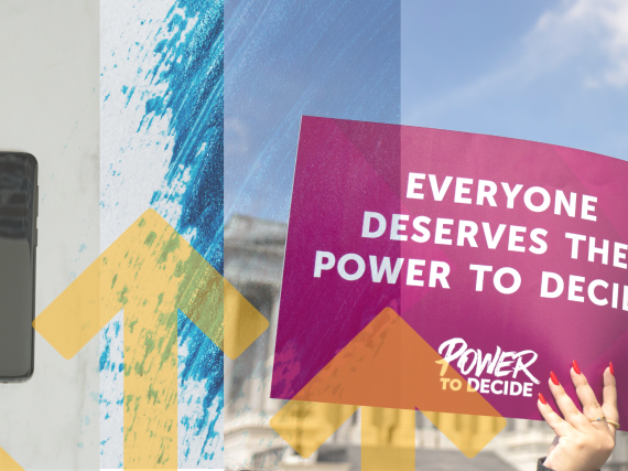 An image of a landline phone and a cell phone next to an image of a hand holding a sign that says, "Everyone deserves the power to decide," outside of the US Capitol building.