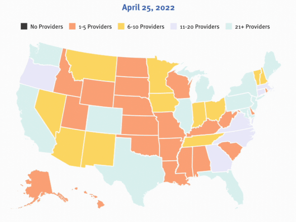 A gif of a map showing the changes in abortion access across the country from May to December 2022.
